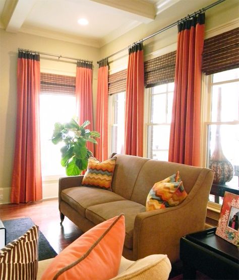 Coral Curtains, Bungalow Interior Design, Family Room Reveal, Orange Curtains, Ikea Living Room, Window Treatments Living Room, Interior Design Advice, Family Room Decorating, Living Room Windows