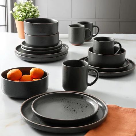 16 Piece Dinnerware Set, Service for 4 Black Dinnerware Set, Silestone Countertops, Black Dinnerware, Square Dinnerware Set, China Dinnerware Sets, Bone China Dinnerware, Stoneware Dinnerware Sets, Stoneware Dinnerware, Industrial Loft