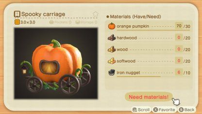 ACNH | Spooky Carriage - How To Get | Animal Crossing - GameWith Animal Crossing Halloween, Acnh Spooky, Spooky Recipes, Spooky Items, Halloween Furniture, Spooky Food, Growing Pumpkins, Pumpkin Carriage, Animal Crossing Wild World