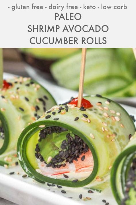 One of my favorite appetizers - shrimp avocado cucumber rolls, a crowd favorite. #Paleo, Gluten Free, Dairy Free, Low Carb, #Keto. #appetizer #shrimp Wasabi Aioli, Low Carb Healthy, Cucumber Rolls, Asian Appetizers, Blackened Shrimp, Avocado Cucumber, Cucumber Bites, Shrimp Appetizers, Shrimp Avocado