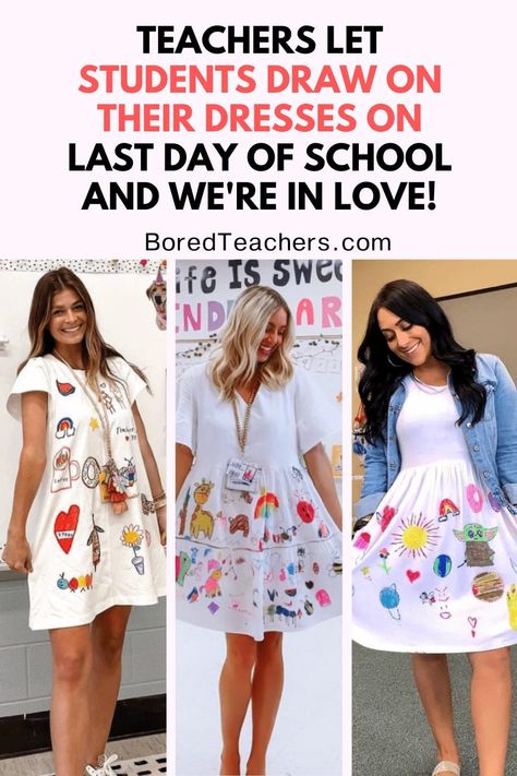 Student Decorated Teacher Dress, Student Teaching Graduation Dress, Students Decorate Teacher Dress, Students Draw On Teacher Dress, Student Teacher Graduation Dress, Preschool Teacher Graduation Outfit, Last Day Of School Outfit Teacher, Student Teacher Graduation Pictures, Teacher Dress Up For Kids