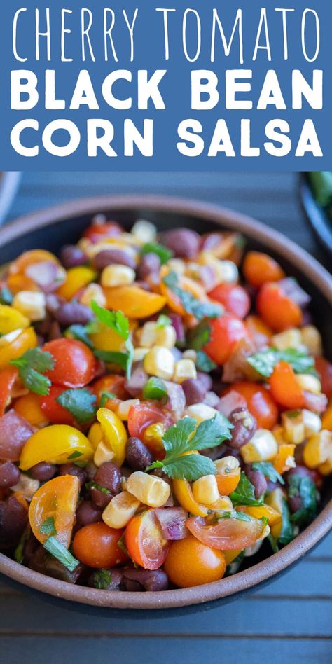 This Cherry Tomato, Black Bean and Corn Salsa is chunky, fresh and full of vibrant summer flavors!  It's quick and easy to throw together and goes great with a bag of tortilla chips, but can also be used as a topping for tacos, burrito bowls or salads. #chunkysalsa #salsarecipe #cherrytomatoes #gardening #plantbased Black Bean And Corn Salsa, Black Cherry Tomato, Black Bean Corn Salsa, Black Bean And Corn, Summer Flavors, Chunky Salsa, Burrito Bowls, Corn Salsa, Cherry Tomato