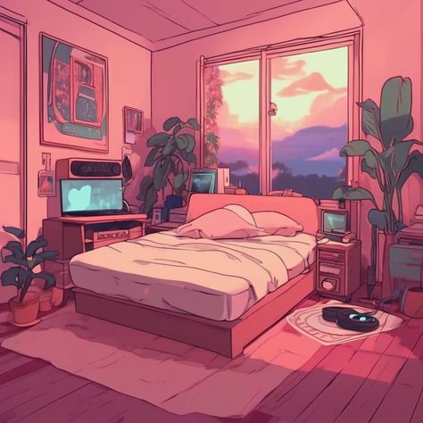 80s Vaporwave Room, Vaporwave Aesthetic Interior, Lofi Bedroom, Vaporwave Bedroom, Lofi Aesthetic Room Drawing, Ethereal Places, Synthwave Room Decor, Bedroom Sunset, Beach Vaporwave