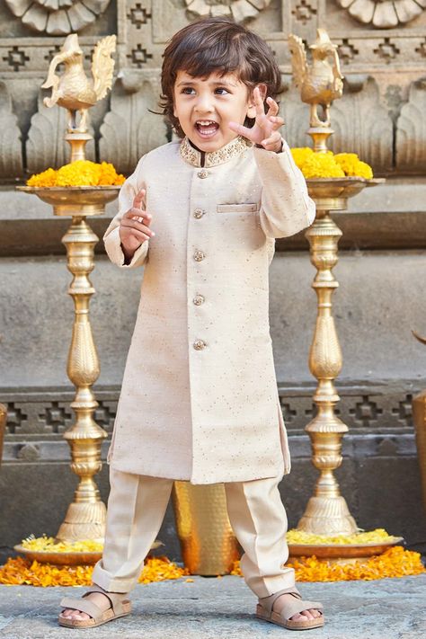 Buy All Boy Couture Beige Mukaish Work Achkan And Pajama Set For Boys Online | Aza Fashions Muga Silk, Mukaish Work, Boys Kurta, Dress Design Patterns, Silk Pajamas, Designer Gowns, Design Patterns, Full Sleeves, Kids Sleepwear