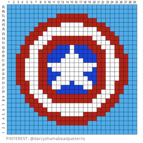 Captain America Shield Pattern #captainamerica #shield #steverogers #vibranium #adamantium #falcon #marvel #avengers #hamabead #perler #pixel #pixelart #pattern #pyssla #fusebeads Shield Pattern, Marvel Cross Stitch, Falcon Marvel, Pixel Quilting, Graffiti Doodles, Easy Pixel Art, Pixel Art Templates, Diy Perler Bead Crafts, Hama Bead