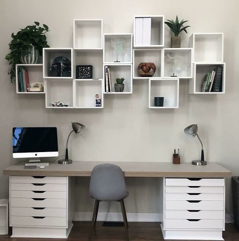 Floating Shelves Over Desk, Shelves Over Desk, Hemnes Bookcase, Kallax Shelving, Ikea Eket, Armoire Ikea, Ikea Desk Hack, Ikea Office, Ikea Mirror