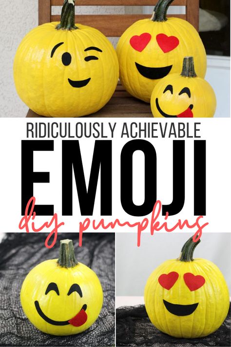 Ridiculously achievable emoji pumpkins that are no carve for Halloween. Emoji Pumpkins Painting, Emoji Pumpkin Carving, Emoji Pumpkin, Big Homecoming Mums, Homemade Minion Costumes, Season Activities, Pumpkin Painting Party, Pumpkin Carve, Decorated Pumpkins