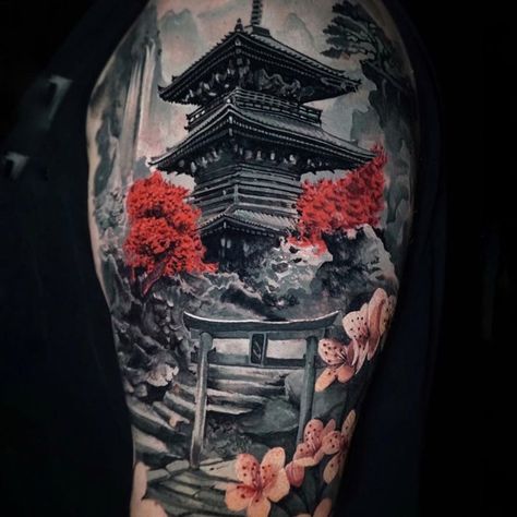 Japanese Building Tattoo, Escobar Tattoo, Japanese Temple Tattoo, Building Tattoo, Samurai Tattoo Sleeve, Japanese Leg Tattoo, Temple Tattoo, Tattoo Japanese Style, Hanya Tattoo