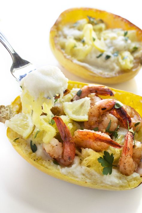 Creamy Spaghetti Squash With Shrimp Scampi | Paleo, Whole30, & Vegan Friendly Shrimp And Scallop Scampi, Spaghetti Squash With Shrimp, Creamy Spaghetti Squash, Scallop Scampi, Spaghetti Squash Shrimp, Creamy Cauliflower Sauce, Creamy Spaghetti, Cauliflower Sauce, Healthy Shrimp