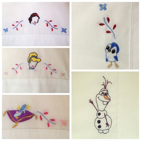 Embroidered Disney Pillow Cases available at http://sewsoverbros.etsy.com/  #bedding #pillowcase #pillow #design #disney #snowwhite #cinderella #olaf #frozen #olaf #disneyfrozen #frozenolaf #embroidered #cushion #craft #sewing #embroidery #snowman #bluebird #giftideas #children #fairytales #fairytale Pillow Case Crafts, Disney Pillows, Pillow Embroidery, Old Pillows, Craft Club, Holiday Crafts Christmas, Hand Embroidery Design, How To Make Pillows, Embroidered Pillow