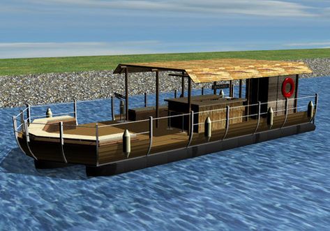 All types of pontoons, houseboats, and custom parts Pontoon Boat Decor, Tiny Home Designs, Tiny Home Ideas, Pontoon Houseboat, Bathroom Tiny, Boat Restaurant, Party Boats, Tiny Mobile House, Utility Boat