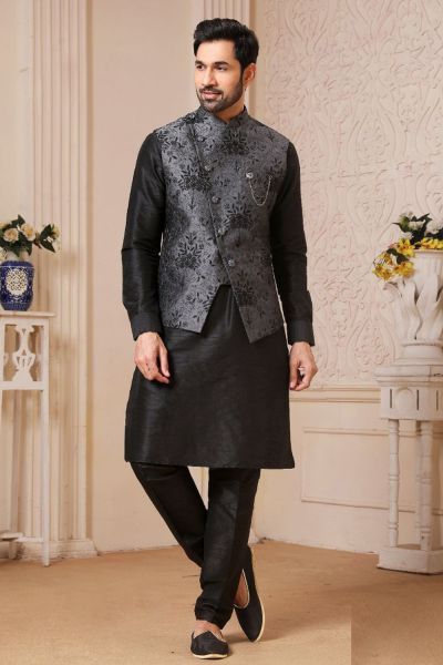 Grey,Black Art Banarasi Silk Nehru Jacket (NMK-5618) Black Jacket Style, Looking Handsome, Nehru Jacket For Men, Men Kurta, Fashion Indian, Mens Black Jacket, Nehru Jacket, Kurta Pajama, Nehru Jackets