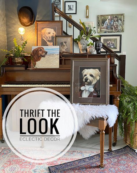 Thrift the Look challenge- Eclectic decor Eclectic Decor Vintage, Vintage Centerpiece, Vintage Centerpieces, Inside Decor, Vintage Eclectic, Neutral Decor, Black Walls, Eclectic Decor, Glass Lamp