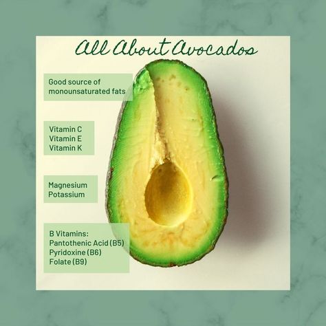 Avocados sometimes get a bad rap because they are high in fat. Yet, their nutrition profile reveals a different interpretation. Yes, they are a relatively high fat fruit, but the vast majority of that, 7gm, is monounsaturated. Monounsaturated fats, are known for their cardiovascular benefits in reducing blood cholesterol and triglyceride levels. Chief nutrient contributions of avocados include potassium, vitamin C, vitamin E, vitamin K1, Vitamin B6, folate, pantothenic acid, and fiber. Monounsaturated Fats, C Vitamin, Pantothenic Acid, Vitamin B6, Vitamin K, A Bad, Vitamin C, Vitamin E, Avocado