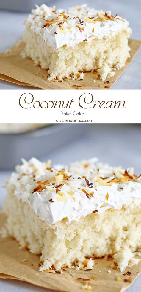 This Coconut Cream Cake is a coconut lovers dream. It’s easy to make & packed full of delicious coconut flavor! Light & fluffy coconut cake topped with creamy whipped cream & homemade toasted coconut makes this Coconut Cream Cake enjoyable from first bite to last. on kleinworthco.com Coconut Cream Poke Cake, Whipped Cream Homemade, Rice Coconut, Coconut Cream Cake, Fluffy Rice, Cream Icing, Coconut Cake Recipe, Rice Food, Coconut Dream