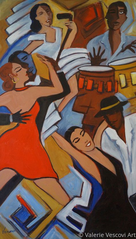 "The Nightclub" (Original art by https://valvescoviart.com) Two People Dancing Painting, Salsa Club Aesthetic, Latino Art Aesthetic, Afro Brazil, Tango Aesthetic, Club Painting, Salsa Club, Dancing Salsa, Caribbean Party