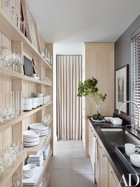 Tour Ray Booth and John Shea's Grand Hilltop Home in Nashville Floating Kitchen Shelves, Beautiful Pantry, Narrow Kitchen, Open Kitchen Shelves, Galley Kitchen, Butler's Pantry, Pantry Design, Kitchen Shelves, Kitchen Pantry