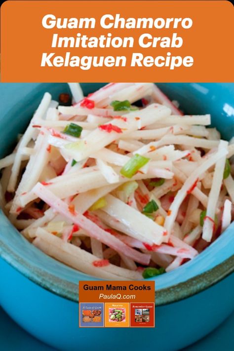 Chamorro people love to make lemony and spicy salad recipes called kelaguen. We mix things like imitation crab, chicken, and shrimp with lemon, salt, onions, and hot pepper to make a side dish to our CHamoru fiesta foods. Kelaguen Recipe, Chicken Kelaguen, Guamanian Recipes, Guamanian Food, Crab And Corn Soup, Guam Food, Shrimp With Lemon, Chamorro Food, Guam Recipes