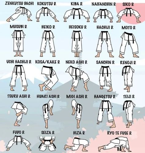 Karate Stances, Karate Moves For Beginners, Karate Basic Moves, Karate Punch Names, Karate Equipment, Taekwondo Forms, Parkour Moves, Karate Moves, Mixed Martial Arts Training