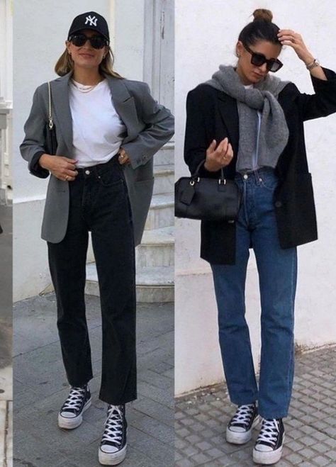 Blazer In Winter Outfits, Classic Outfits With Converse, Converse Minimalist Outfit, Smart Casual Trainers Outfit Women, Jumper Over Shoulders, Fall Style 2023 Women Casual, Blazer With Sweatshirt, Jeans Chiari Outfit, Look Jean Noir