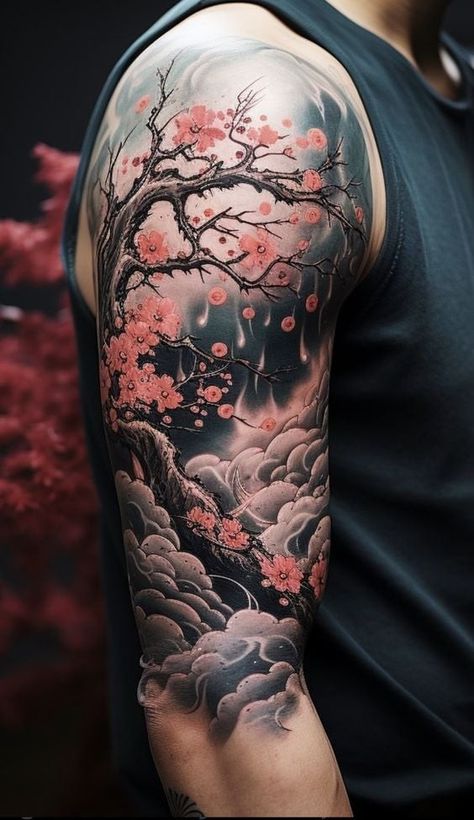 Japanese Plum Blossom Tattoo, Chinese Sleeve Tattoo Men, Japanese Branch Tattoo, Cherry Blossom Sleeve Tattoo Men, Japan Tattoo Sleeve For Men, Escapism Tattoo, Chinese Sleeve Tattoo, Japanese Style Tattoo Sleeve, Sakura Tree Tattoo