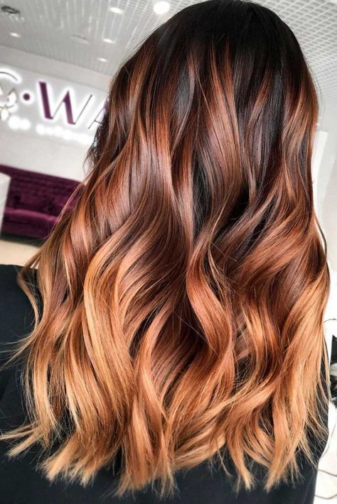 Highlighted Hair for Brunettes | LoveHairStyles.com Brunette Hair Color With Copper Highlights, Pumpkin Spice Highlights On Brown Hair, Reddish Brown Hair With Balayage, Fall Ombre Hair Brunette Caramel, Copper Boliage Hair, Rodeo Gold Hair, Dark Balayage Hair Caramel, Natural Red Balayage Hair Brunettes, Red And Blonde Balayage Brunettes