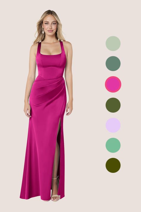 Mero is our stunning bridesmaid dress crafted from stretch satin. She features a square neckline paired with straps leading to a keyhole back. The look is complete with a pleated floor length sheath skirt. Fuschia Dress Bridesmaid, Magenta Bridesmaids Dresses, Vibrant Bridesmaids, Fusia Dress, Fuschia Bridesmaid, Magenta Bridesmaid Dresses, Fuschia Bridesmaid Dresses, Raspberry Bridesmaid Dresses, Fuchsia Bridesmaid Dresses