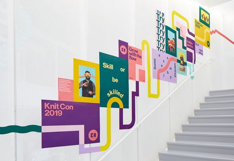 Pinterest Knit Con Event Branding on Behance Office Wall Design, Wayfinding Design, Wayfinding System, Environmental Graphic Design, Office Branding, Event Branding, Hybrid Design, Wayfinding Signage, Environmental Design