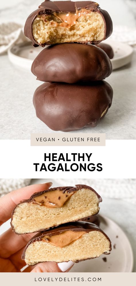 These vegan gluten free tagalongs are a favorite of mine. This girl scout cookie recipe is made with healthy ingredients like almond flour, natural peanut butter and no sugar added dark chocolate. Enjoy these homemade tagalongs all year long! Ella Vegan, Dessert Original, Vegan Baking Recipes, Healthy Sweet Treats, Vegan And Gluten Free, Gluten Free Sweets, حلويات صحية, Healthy Sweets Recipes, Natural Peanut Butter