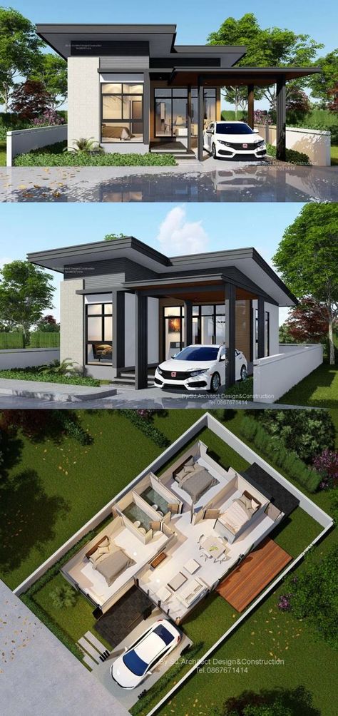 House Plans 13x9.5m Full Plan 2Beds - SamHousePlans Low Cost House Design, Japan House Design, Terraria House Design, Container Home Designs, Single Floor House Design, Passive House Design, Modern Bungalow House Design, Bedroom Bungalow, Tropical House Design