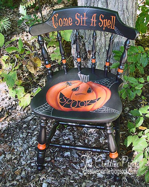 I love taking old chairs and turning them into fun and unique decorating accents.  Almost like magic, this chair, which was once boring a... Halloween Chairs, Pumpkin Painted, Hand Painted Chairs, Halloween Furniture, Whimsical Painted Furniture, Painted Chair, Adornos Halloween, Money Makers, Old Chairs