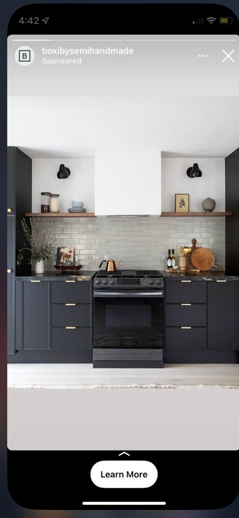 Dark Lower Cabinets Light Upper, Dark Lower Cabinets, Kitchen Island With Cooktop, Floating Shelf Kitchen, Floating Kitchen Shelves, Range Wall, Kitchen Vent Hood, Kitchen Vent, Floating Shelves Kitchen