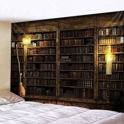 Tapestries Bedroom, Retro Bookshelf, Hippie Tapestries, Wall Tapestry Bedroom, Bookshelf Wall, Vintage Bookshelf, College Bedroom, Vintage Bookcase, Large Tapestries