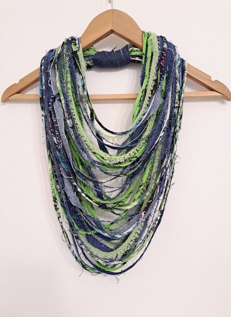 Old Jeans Frayed Jeans Denim Scarf Necklace Fabric Jewelry - Etsy Denim Scarf Diy Old Jeans, Denim Scarf, Denim Necklace, Diy Infinity Scarf, Diy Old Jeans, Fabric Necklaces, Necklace Fabric, Vintage Assemblage Jewelry, Yarn Necklace