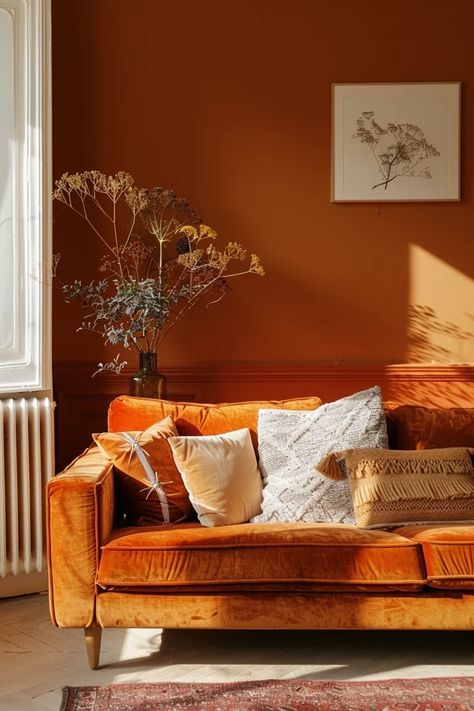 Burnt Orange Chairs Living Rooms, Burnt Orange Velvet Couch, Burnt Orange Western Living Room, Burnt Orange Grey Living Room, Burnt Orange Velvet Sofa, Orange Ceiling Living Room, Orange Feature Wall Living Room, Burnt Orange Interior Design, Burnt Orange Walls Living Room