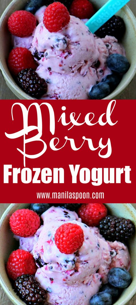 Loaded with fruits and made with greek yogurt and has less sugar, too this is summer's guilt-free treat! Easy to make, this delicious and healthy frozen Mixed Berry Frozen Yogurt is perfect for the entire family! Morning Treats, Lemon Juice Uses, Frozen Yogurt Recipes, Berry Yogurt, Frozen Yogurt Shop, Yogurt Ice Cream, Tasty Desserts, Homemade Ice Cream Recipes, Less Sugar