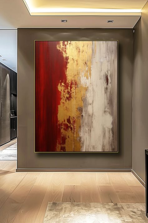 Original handmade abstract painting with deep red, gold, and white tones; textured brushstrokes create a dramatic and luxurious wall art piece Gold And Red Living Room Decor, Gold Abstract Wall Art, Red Living Room Decor, Living Room Red, Red Interior, Interior Wall, Gold Paint, Metallic Accents, Abstract Wall