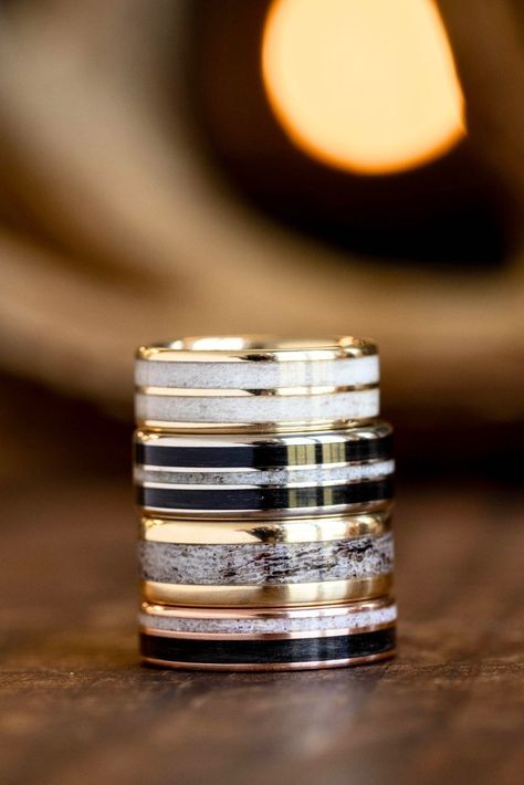 stack-of-four-rustic-antler-gold-wedding-rings-rustic-and-main Antler Rings For Men, Hunting Themed Wedding, Elk Antler Wedding Band, Mens Rings Wedding, Antler Wedding Rings, Antler Rings, Antler Wedding Band, Mens Rings Wedding Diamond, Rustic Wedding Bands