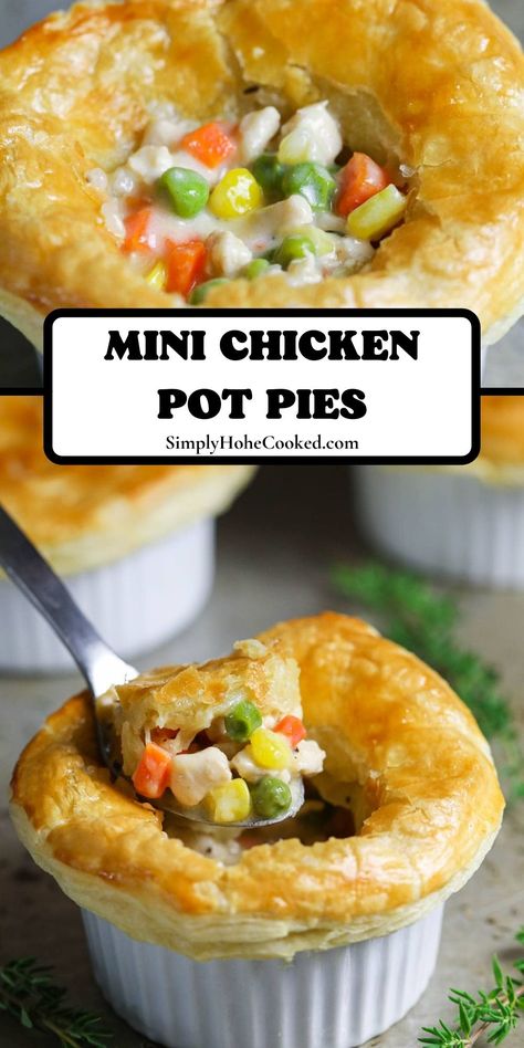 Individual Chicken Pot Pies, Easy Chicken Pot Pie Recipe, Chicken Pot Pies, Mini Chicken Pot Pies, Puff Pastry Crust, Homemade Chicken Pot Pie, Chicken Pot Pie Recipe, Pot Pie Recipe, Easy Chicken Pot Pie