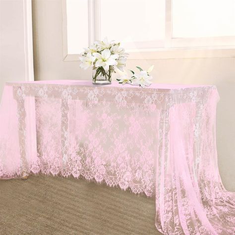 PRICES MAY VARY. Pink Lace Tablecloth: Pack of 2 lace table cloth measuring 60 by 120 inches (10 ft) and including 4 white ribbons. Suitable for use on rectangular or round tables. High Workmanship: Made of high-quality polyester lace fabic, soft touch, durable and reusable. Can use as table cloth, table runner, wedding arch or any other places you would like to decor. Embroidered Lace Tablecloth: With a classic floral design and scalloped edges. Perfect for wedding reception, birthday parties, White Table With Pink Runner, Shabby Chic Party Decorations, Pink Fiesta Theme Party, Rustic Outdoor Party, Coquette Party Decoration, Light Pink Birthday Party, Pink Grad Party, Rectangle Wedding Tables, Pink Party Tables