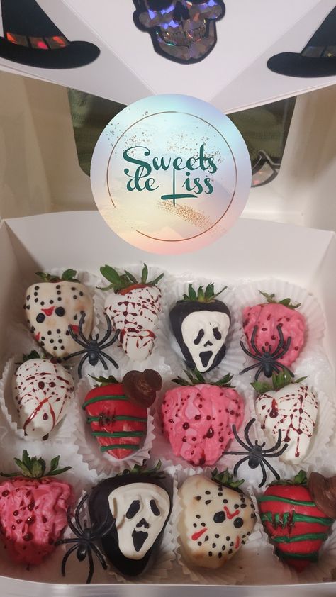 Jason, Freddy, Scream, brain and blood splatter detailed strawberries Friday The 13th Strawberries, Jason Themed Birthday Party, Zombie Strawberries, Horror Strawberries, Scary Movie Birthday Party, Scream Movie Birthday Party, Jill Scream, Horror Movie Birthday Party, Horror Birthday Party Ideas