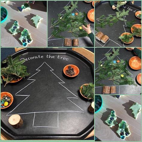 Tuff Tray Christmas Tree Decorating with Loose Parts (from @earlyyearsoutdoor via Instagram) Tuff Tray Ideas Toddlers, Tuff Tray Ideas, Tuff Spot, Class Displays, Eyfs Activities, Nursery Activities, Christmas Kindergarten, Tuff Tray, Christmas Play