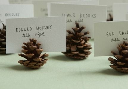 DIY PInecone Seating or Escort Card Holders · DIY Weddings | CraftGossip.com Pine Cone Wedding, Rustic Mountain Wedding, Unique Wedding Receptions, Thanksgiving Place Cards, Seating Cards, Woodland Wedding, Wedding Places, Nature Wedding, Wedding Place Cards