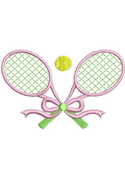 "This is a DIGITAL instant download only of Preppy Chic Crossed Tennis Racquets Motif/Monogram Frame with an Optional Bow and Tennis Ball machine embroidery design. Fun idea for clothing, baseball hats, cocktail napkins, totes, duffel bags and more!  Design widths*: 2\" 2 1/2\" 3\" 4\" 5\" *Sizes are approximate Tips:  Always do a test stitch out.  Please use a washable stabilizer topper for the bows on the two minis. I prefer to use basting stitches especially on tatami fill designs along with some sort adhesive spray or sticky tear away.  Jersey style fabrics benefit from floating on cutaway stabilizers (including no show stabilizers for thinner fabrics). Re-sizing is not advised due to potential distortion.  Please utilize compatible embroidery software and embroidery machines.   Machin Tennis Embroidery Designs, Embroidery Graphic Design, Embroideries Designs, Tennis Merch, Tennis Embroidery, Tennis Ball Machine, Photo Embroidery, Machine Embroidery Designs Projects, Etsy Tips