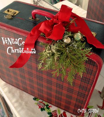 Repurposing Ideas, Happy Christmas Eve, Shabby Christmas, Tartan Christmas, Vintage Suitcase, Milwaukee Wisconsin, Christmas Travel, Kelly Wearstler, Primitive Christmas