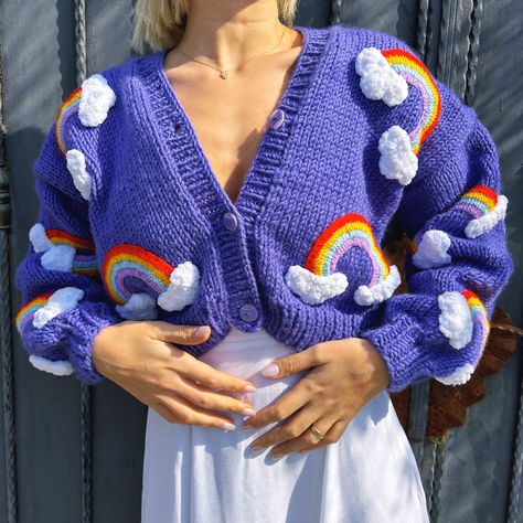 Please contact for different color! Color : lilac ! - Delivery in 1-3 days - %100 Naturel  - %100 Handmade - Worldwide Shipping! - Hand Wash  - Chunky - Cropped  - For Women Rainbow Cardigan,Cooud - Bluesky Cardigan For Women,Handmade Lgbt Rainbow Shaped Cardigan,Cloud And Rainbow Chunky Cadigan,Cropped Knit, I knit a rainbow cardigan from lilac yarn.  I added rainbow colors on it.  I knitted the rainbow shaped sweater in one size.  I made it all handmade.  I added the cloud and rainbow over the Rainbow Knitted Cardigan, Cloud And Rainbow, Cardigan Handmade, Pretty Cardigans, Rainbow Cardigan, Hand Knits, Lit Outfits, Cardigan For Women, Rainbow Sweater