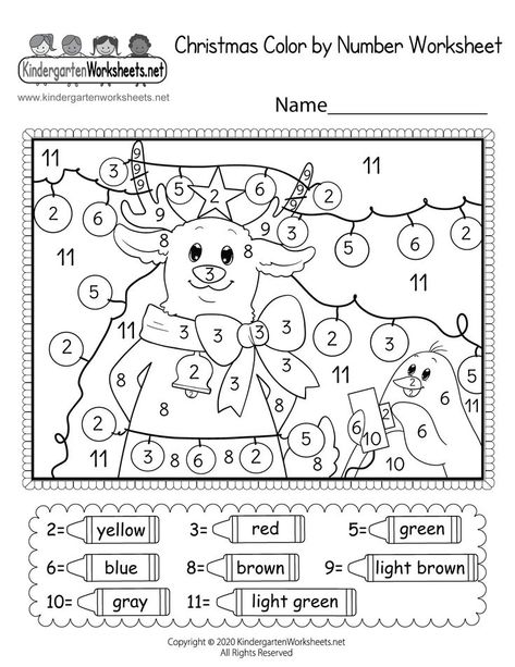 Kids can improve their number recognition and fine motor skills by using the number key to color a cute reindeer surrounded by Christmas lights. They can also color a cute penguin who is about to turn on the lights in this festive color by number worksheet. Free Printable Christmas Worksheets, Christmas Worksheets Kindergarten, Color By Number Worksheet, Coloring Worksheets For Kindergarten, Christmas Color By Number, Christmas Math Worksheets, Number Worksheet, Kindergarten Christmas, Holiday Worksheets