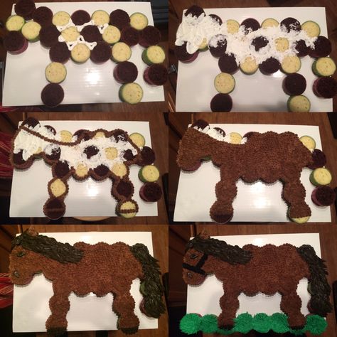 Horse Cupcake Cake Template, Cupcake Horse Cake, Horse Cupcake Cake Pull Apart, Horse Themed Cupcakes, Horse Cupcakes Ideas, Horse Cupcake Cake, Horse Cupcakes, Dolly Party, Cowboy Baby Shower Theme