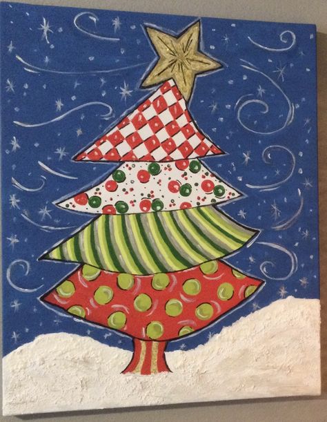 Acrylic Painting Christmas Tree, Christmas Tree Painting For Kids, Whimsical Christmas Tree Painting, Kersfees Prentjies, Christmas Tree Painting Canvases, Christmas Tree Painting Easy, Whimsical Christmas Art, Tree Painting Easy, Social Easel