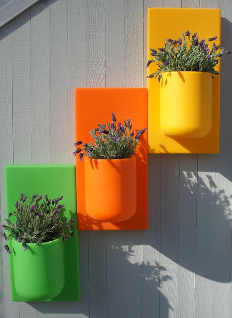 Wall Pots, Hanging Herbs, Vertical Garden Design, Colorful Planters, Plastic Bottle Flowers, نباتات منزلية, Upcycle Garden, Flower Pot Design, Vertical Garden Wall